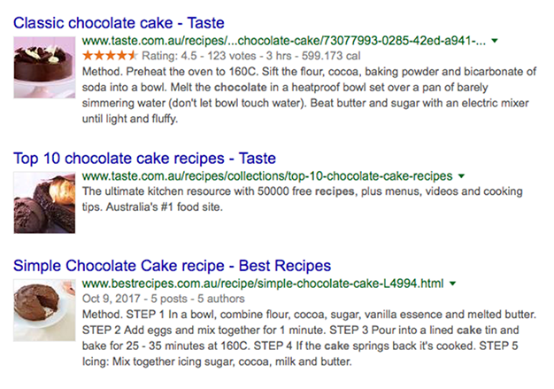 Screen clip of a Google search results page for chocolate cake.