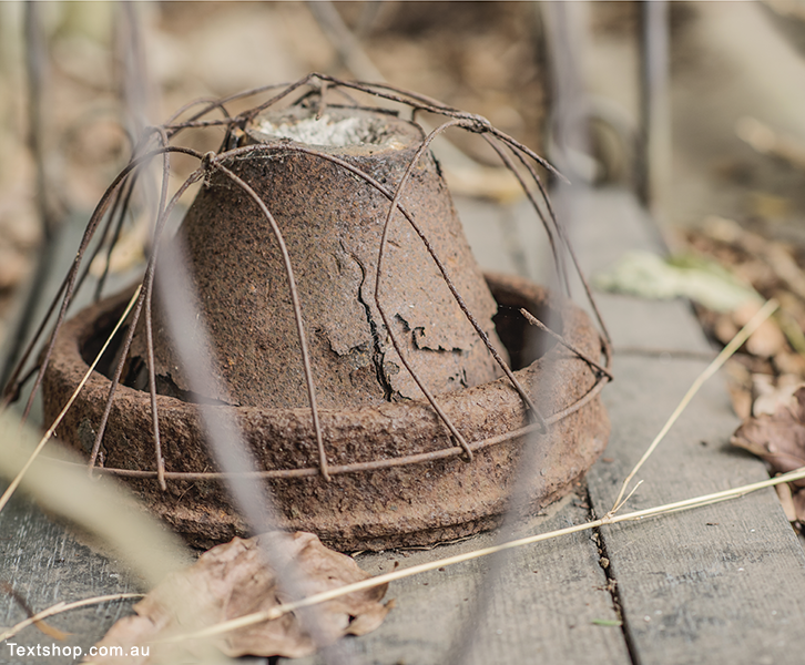 An old terracotta pot sits in a wooden bench with rusty wire over it adding to the intrigue and interest.