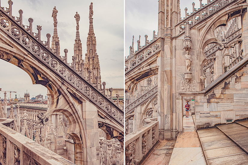 Two photos forming a collage of the rooftop of the Milan Cathedral. They show some of the thousands of marble spires, statues and gargoyles on the rooftop. In the photo on the right, a girl is walking along the roof terrace. This is an authentic experience for travellers.