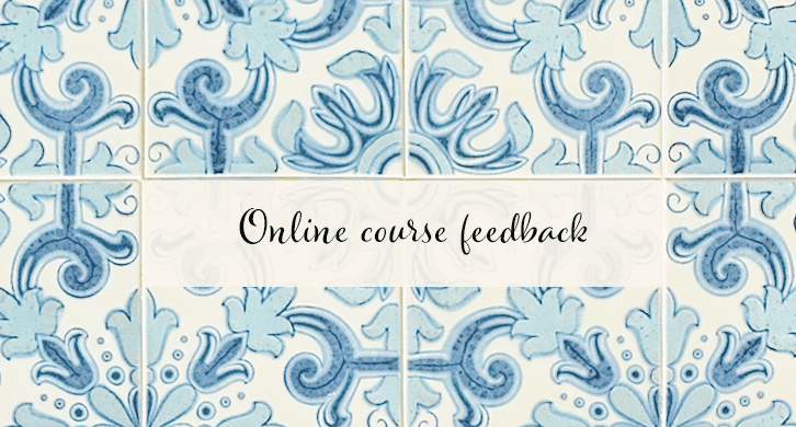 Old blue and white tiled banner for online course feedback.