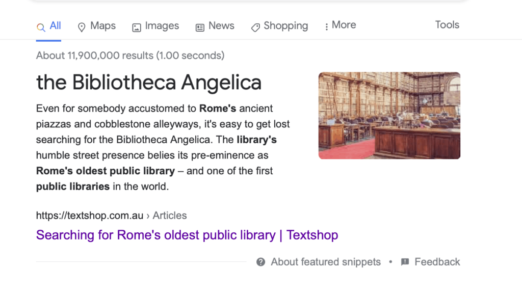 Featured snippet with Textshop's blog post Rome's oldest public library.