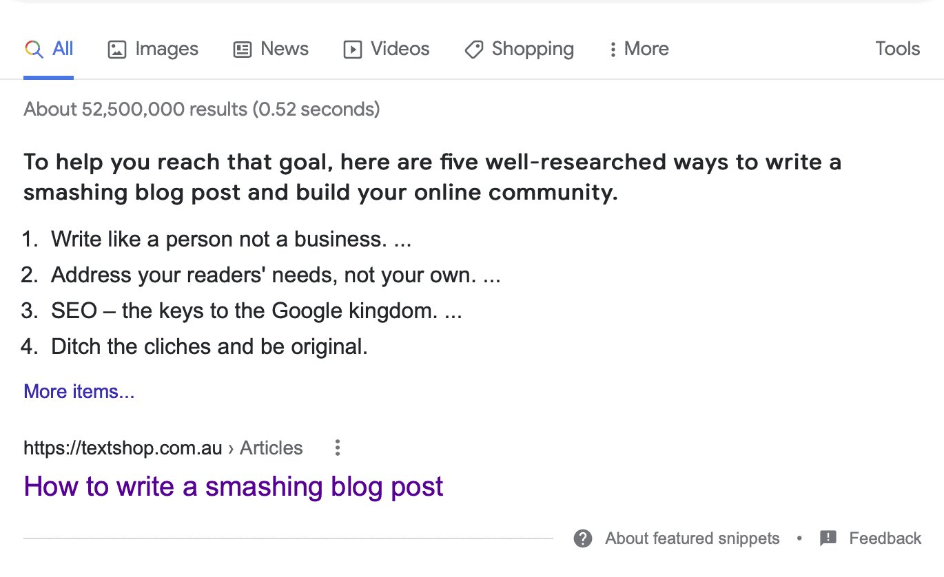 Example featured snippet for 'Does my business need a blog?'