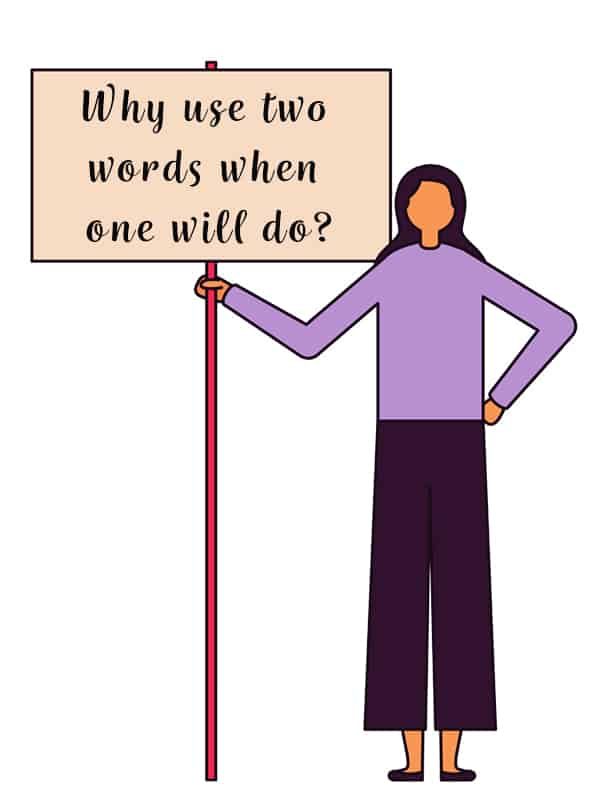 Drawing of woman standing with sign that reads 'Why use two words when one will do?' How to make your writing more powerful.