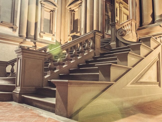 The multiple staircase leading to the library that Michelangelo designed.